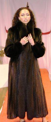 Beautiful Ranch Mink Full Length Fur Coat Black Fox Tuxedo Fronts