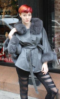 Gray Cashmere Cape Fox Collar Cuffs Marc Kaufman Furs NYC