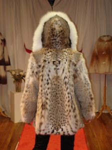 American Cat Lynx Fur Jacket White Fox Fur Fronts Hood made in USA ski aspen vail park city