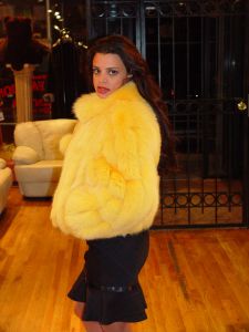 Marc Kaufman Furs Presents a Canary yellow dyed fox fur bomber jacket from Marc Kaufman Furs New York,Argentina,United Kingdom,Austria,Denmark,Norway,Australia,Finland,Saudi Arabia,Oman,Kuwait,Jordan,Egypt