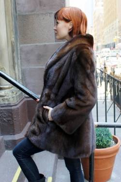 Specially designed Mahogany Brown Mink Fur Jacket Shawl Collar Bell Sleeves Back marc Kaufman Furs NYC Aspen Baltimore Washington Side