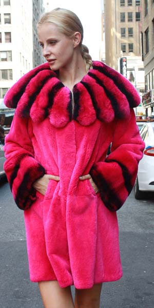 Marc Kaufman Furs presents a fuchsia rex rabbit fur stroller with matching chinchilla rex fur collar from Marc Kaufman Furs USA,Fur coats in Argentina, fur coats in Chile, fur coats in Venezuela, fur coats in Australia, fur coats in Belgium,fur coats in Netherlands, fur coats in Norway,fur coats in Sweden,fur coats in Dubais,fur coats in Egypt,fur coats in Egypt,fur coats in Kuwait, fur coats in South Africa,fur coats in Tunisia,fur coats in the Falklands