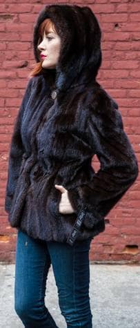 Dark Brown Mahogany Hooded Mink Fur Jackets Drawstring Waist