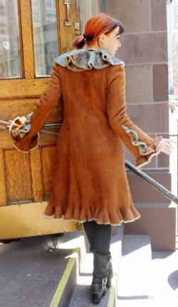 Amazing Cognac Ruffles Shearling Fur Coat Made NYC