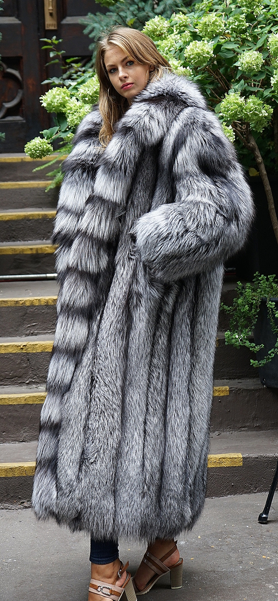 Full Length Silver Fox Coat Cross Cut Tuxedo