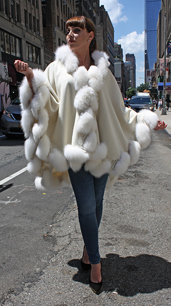 White Cashmere Cape with Hood and Fox FurTrim