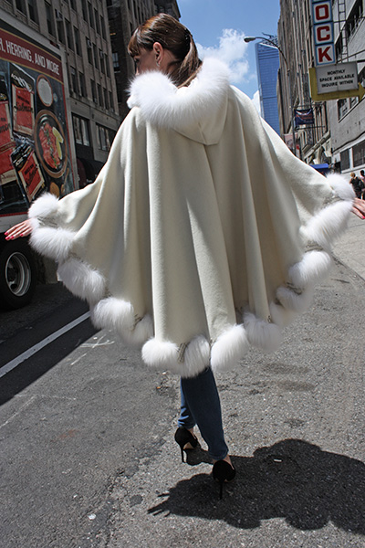 White Cashmere Cape with Hood and Fox FurTrim