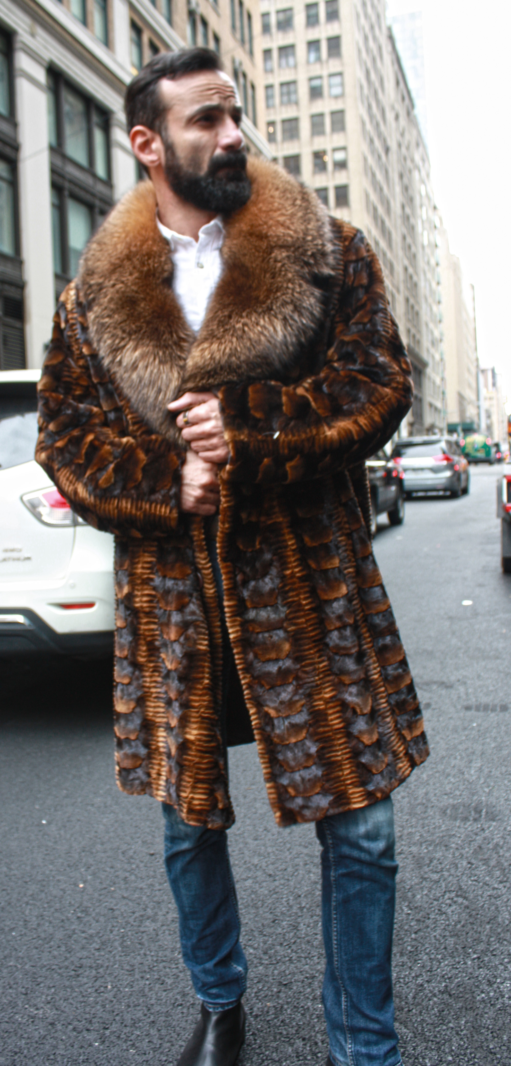 Whiskey Sheared Mink Fur Jacket with Hood and Fox Fur Trim Marc Kaufman Furs