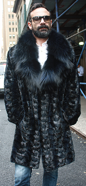 Navy Blue Diamond Cut Sheared Mink Fur Coat with Fox Fur Collar Marc Kaufman Furs