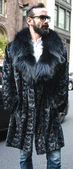 Navy Blue Diamond Cut Sheared Mink Fur Coat with Fox Fur Collar