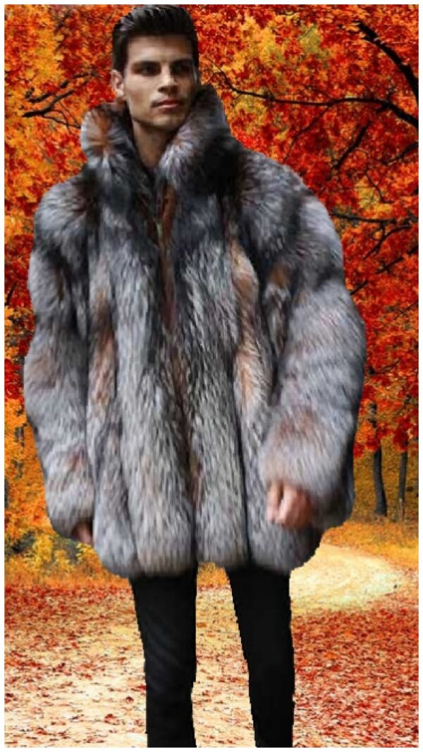 Men's Crystal Fox Fur Bomber Jacket with Dyed Silver Fox Fur 7733