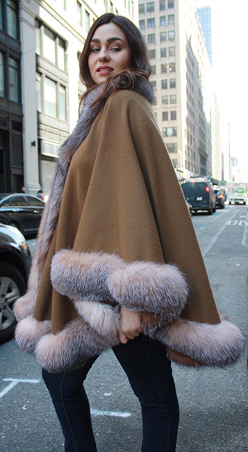 Brown Cashmere Cape With Crystal Fox Fur Trim