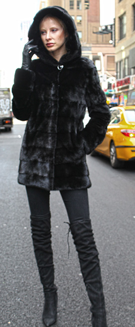 Horizontal Ranch Mink Fur Jacket with Hood