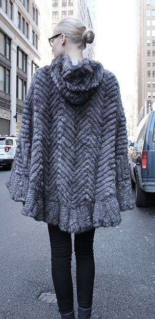 Gray Knit Mink Fur Poncho with Hood