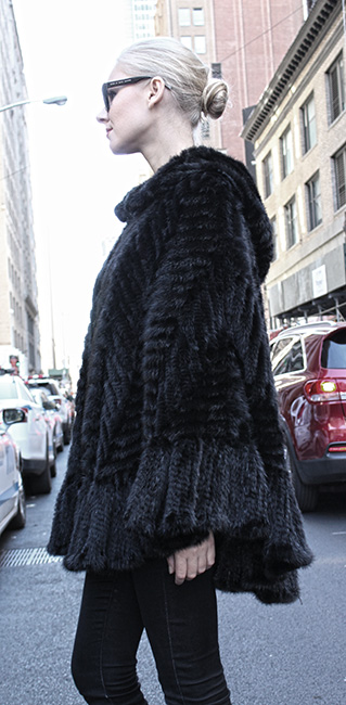 Black Knit Mink Fur Poncho with Hood