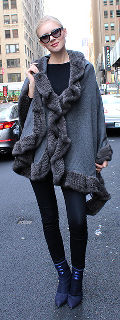 Gray Cape with Knit Mink Fur Trim