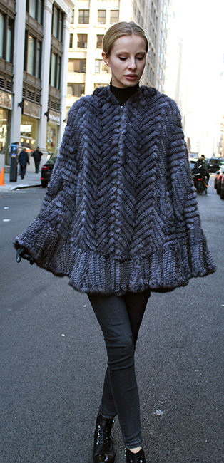 Light Gray Knit Mink Poncho with Hood