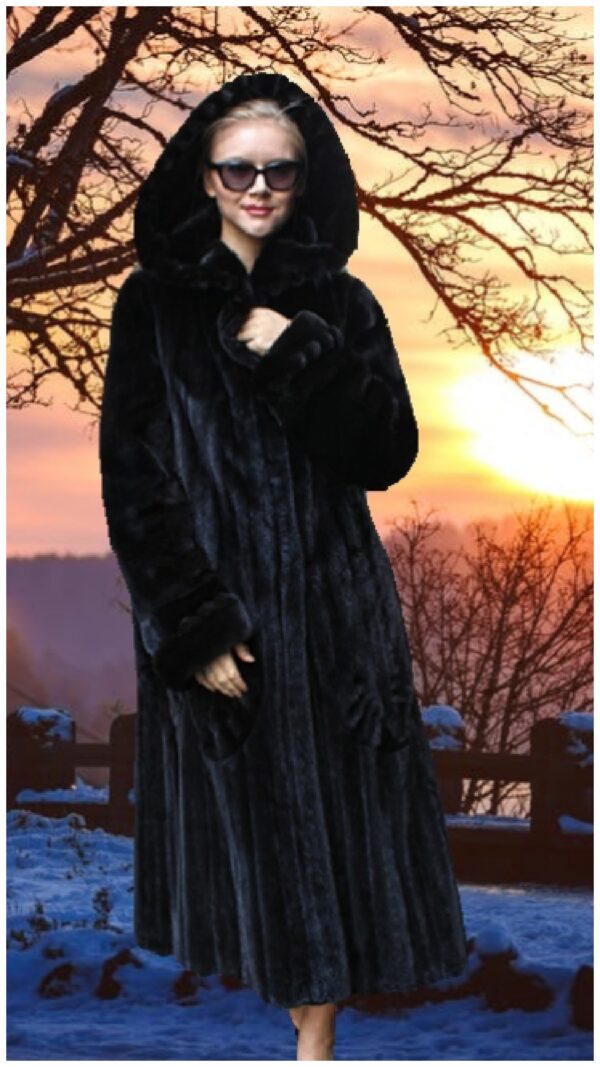 Black Glama Directional Mink Fur Coat with Hood 2095