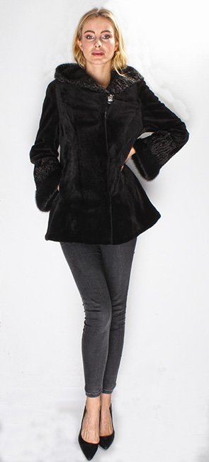 Black Mink Fur Jacket Swakara Fur Trim Collar Cuffs with Hood