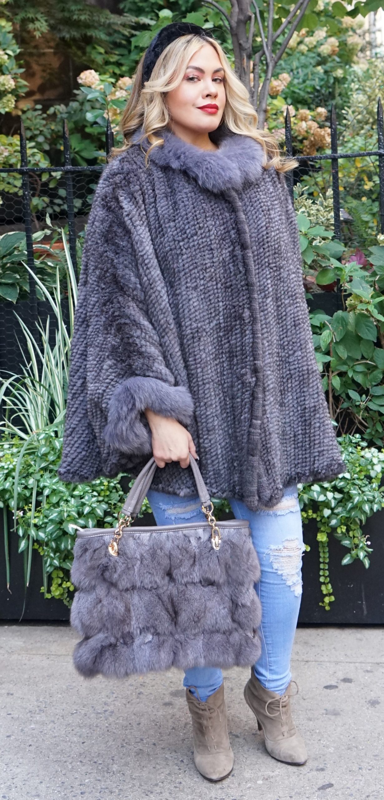 Grey Mink Fur Poncho Fox Fur Collar Cuffs