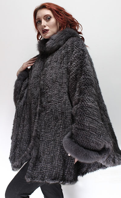 Gray Mink Fur Poncho Fox Fur Collar Cuffs