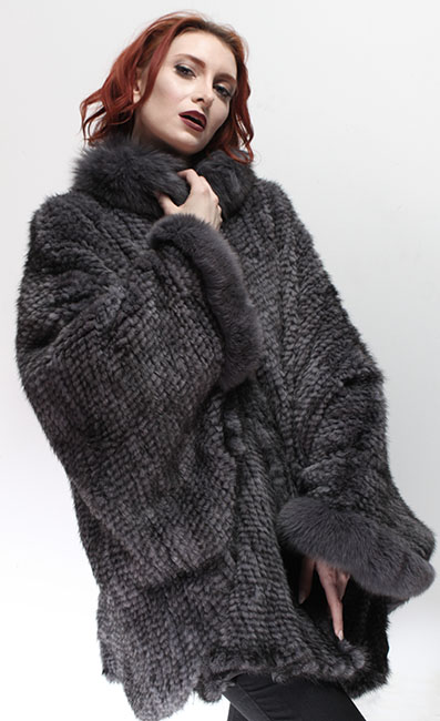 Gray Mink Fur Poncho Fox Fur Collar Cuffs