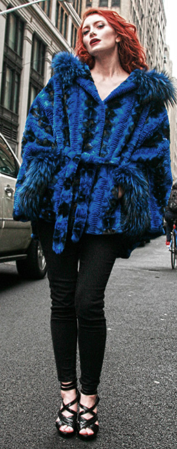 Sculptured Lazor Cut Blue Dyed Mink Fur Blue Dyed Silver Fox Trim Cape With Hood