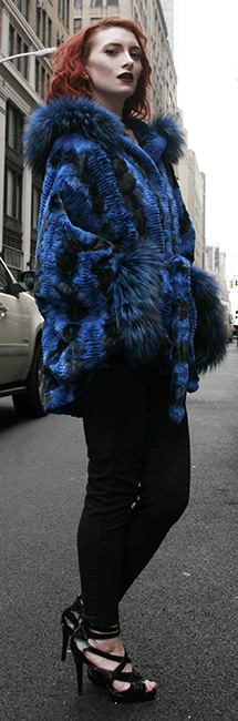 Sculptured Lazor Cut Blue Dyed Mink Fur Blue Dyed Silver Fox Trim Cape With Hood