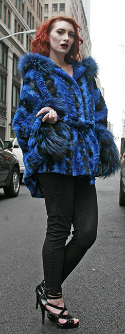 Sculptured Lazor Cut Blue Dyed Mink Fur Blue Dyed Silver Fox Trim Cape With Hood