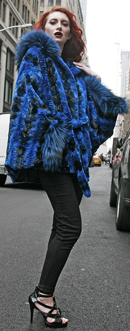 Sculptured Lazor Cut Blue Dyed Mink Fur Blue Dyed Silver Fox Trim Cape With Hood