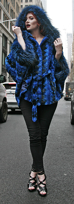 Sculptured Lazor Cut Blue Dyed Mink Fur Blue Dyed Silver Fox Trim Cape With Hood