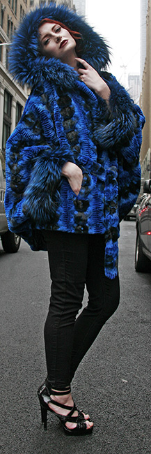 Sculptured Lazor Cut Blue Dyed Mink Fur Blue Dyed Silver Fox Trim Cape With Hood