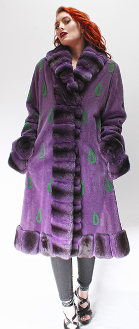 Purple Sheared Mink Fur Coat Purple Chinchilla Collar Cuffs and Trim