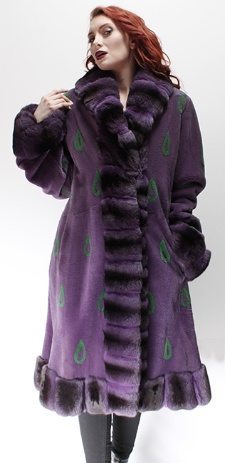 Purple Sheared Mink Fur Coat Purple Chinchilla Collar Cuffs and Trim