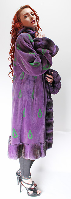 Purple Sheared Mink Fur Coat Purple Chinchilla Collar Cuffs and Trim