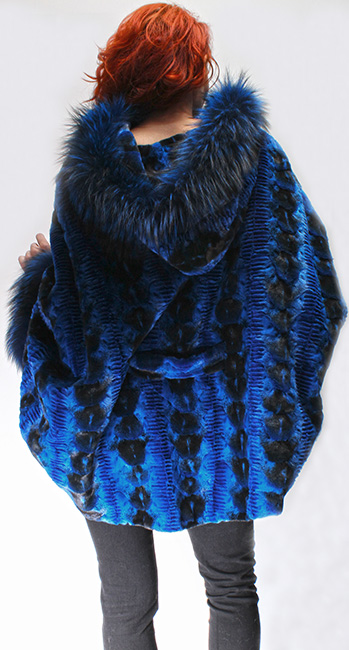 Sculptured Lazor Cut Blue Dyed Mink Fur Blue Dyed Silver Fox Trim Cape With Hood