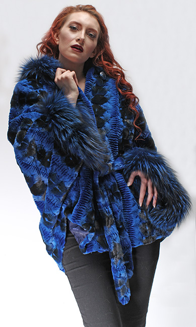 Sculptured Lazor Cut Blue Dyed Mink Fur Blue Dyed Silver Fox Trim Cape With Hood