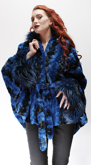 Sculptured Lazor Cut Blue Dyed Mink Fur Blue Dyed Silver Fox Trim Cape With Hood