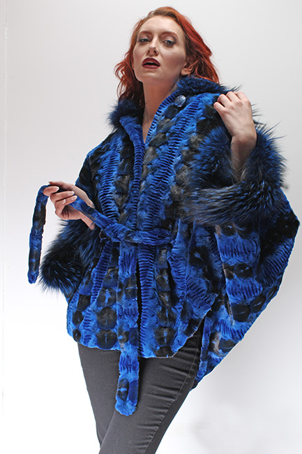 Sculptured Lazor Cut Blue Dyed Mink Fur Blue Dyed Silver Fox Trim Cape With Hood