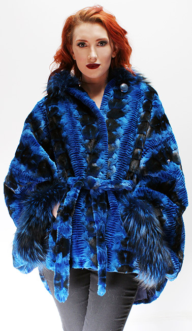 Sculptured Lazor Cut Blue Dyed Mink Fur Blue Dyed Silver Fox Trim Cape With Hood