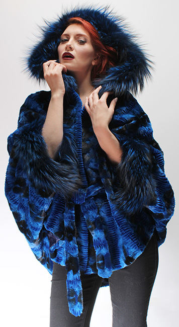 Sculptured Lazor Cut Blue Dyed Mink Fur Blue Dyed Silver Fox Trim Cape With Hood