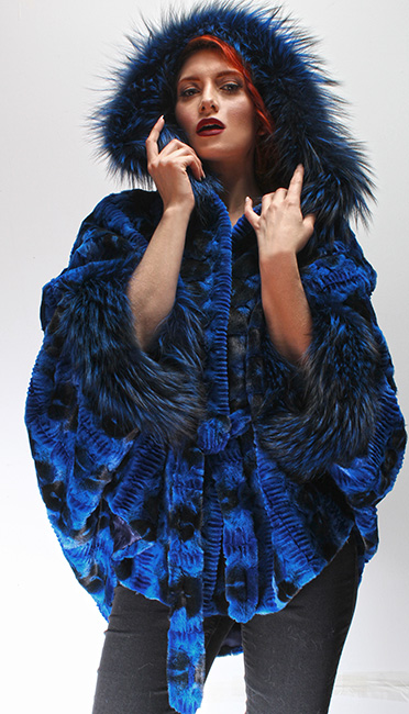 Sculptured Lazor Cut Blue Dyed Mink Fur Blue Dyed Silver Fox Trim Cape With Hood