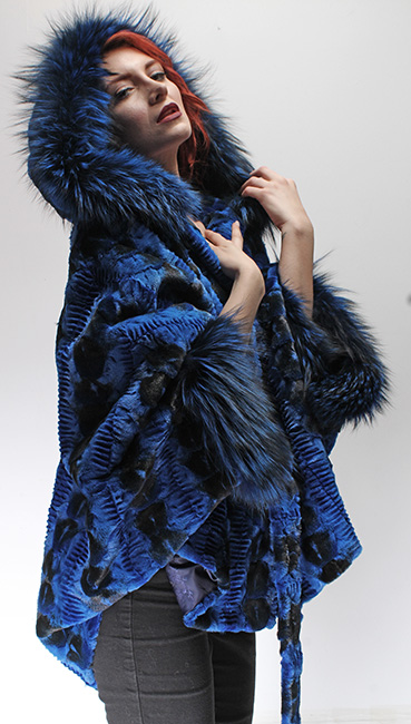 Sculptured Lazor Cut Blue Dyed Mink Fur Blue Dyed Silver Fox Trim Cape With Hood