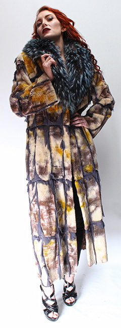 Tye Dyed Reversible Sheared Mink Fur Coat Dyed Silver Fox Collar Silver Inserts