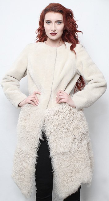 Beige Collarless Shearling Coat