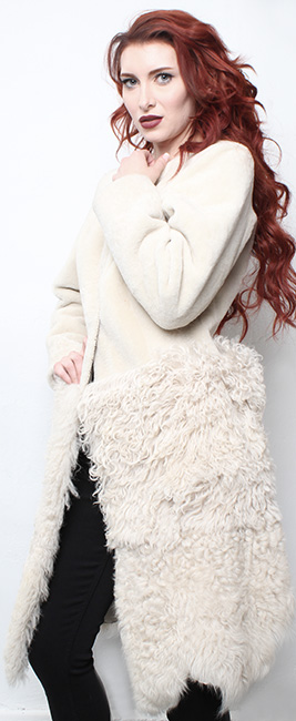 Beige Collarless Shearling Coat