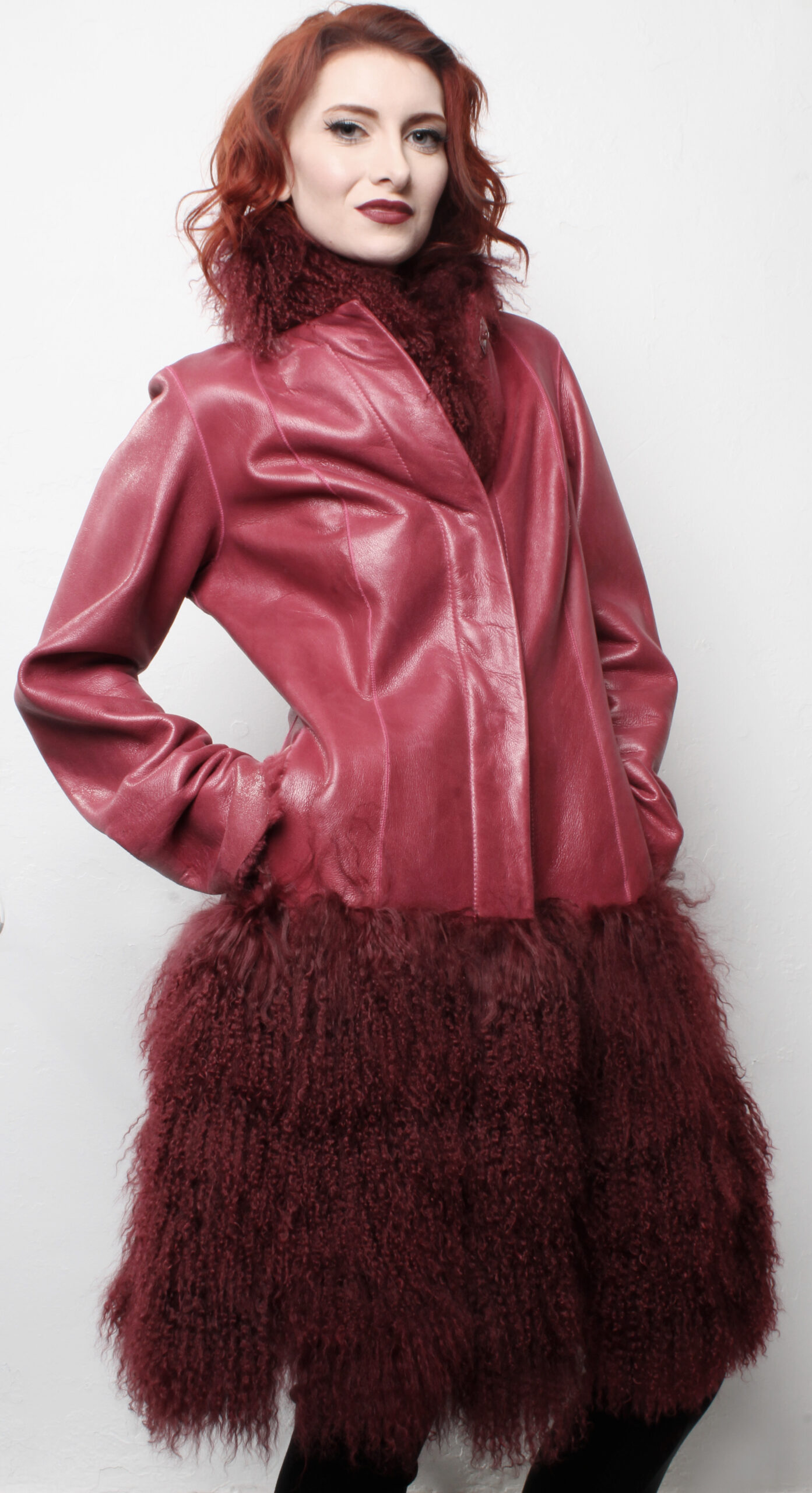 Red Leather Jacket Tibetan Lamb Fur Border