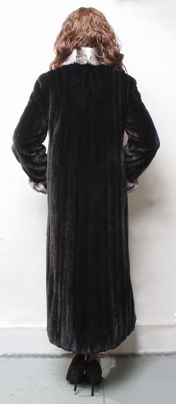 Full Length Ranch Sheared Mink Coat with Chinchilla Fur Tuxedo Trim CHinchilla Fur Collar and Chinchilla Fur Cuffs