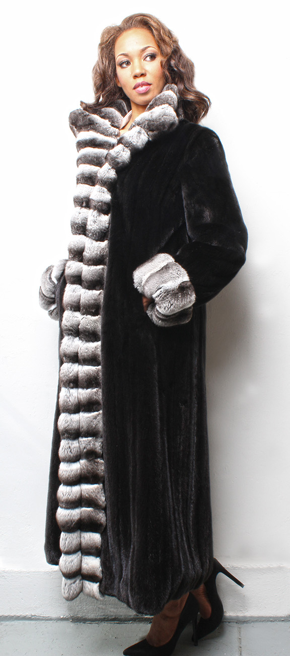 Full Length Ranch Sheared Mink Coat with Chinchilla Fur Tuxedo Trim CHinchilla Fur Collar and Chinchilla Fur Cuffs