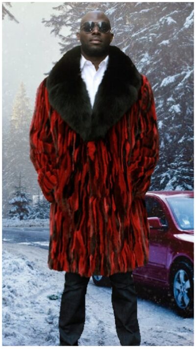 mens striped black red mink fur coat black fox fur collar